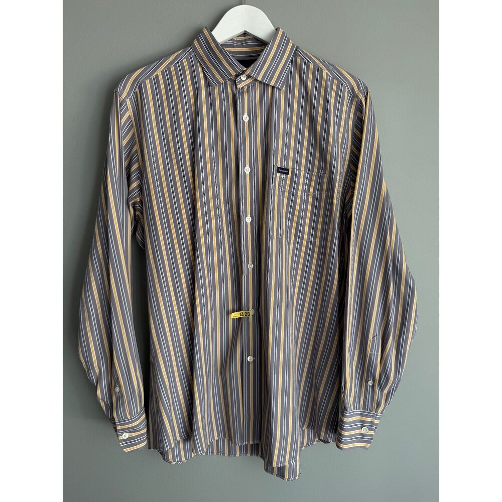 Faconnable Club Deauville Men's L 100% Cotton Dress Shirt Gray Gold Stripe